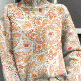 Dámský vintage pletený svetr s květinovým motivem a vysokým límcem