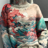 Dámský japonský květinový tisk vynositelný pletený rolák s dlouhým rukávem