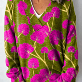 Vintage květinový umělecký tisk pletený svetr s výstřihem do V