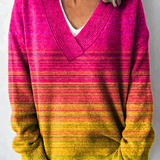 Barevný ombré umělecký tištěný žebrovaný svetr s výstřihem do V