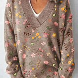 Květinový umělecký potisk Pletený svetr s výstřihem do V