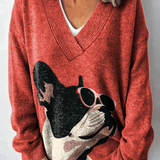 Dekorativní vzor francouzského buldoka s brýlemi na červeném pozadí - pletený svetr s výstřihem do V