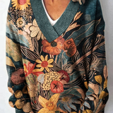 Vintage květinová umělecká tisková pletená v-neck svetr