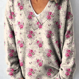 Vzor s akvarelovým francouzským růží, tištěný pletený svetr s výstřihem do V