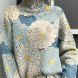 Dámský japonský květinový vzor ležérní pletený rolákový svetr