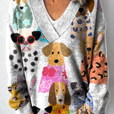 Vícebarevný pletený svetr s potiskem kresleného psa a výstřihem do V