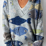 Pěkný rybí umělecký tisk Pletený svetr s výstřihem do V