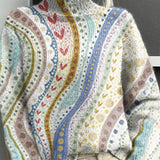 Dámský svetr s láskou, srdíčkovým květinovým pruhovaným vzorem, tištěný uměleckým motivem a žebrovaným vysokým límcem