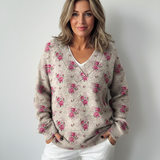 Vzor s akvarelovým francouzským růží, tištěný pletený svetr s výstřihem do V