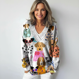 Vícebarevný pletený svetr s potiskem kresleného psa a výstřihem do V