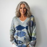 Pěkný rybí umělecký tisk Pletený svetr s výstřihem do V