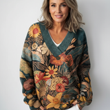 Vintage květinová umělecká tisková pletená v-neck svetr