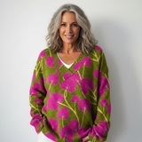 Vintage květinový umělecký tisk pletený svetr s výstřihem do V