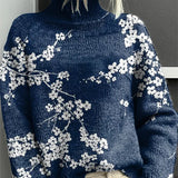 Dámský japonský květinový vzor ležákový svetr s rolákem