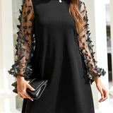 Nela | Černé elegantní šaty s květinovými rukávy z tylu